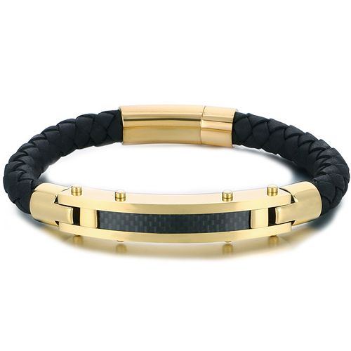 **COI Titanium Black/Gold Tone/Silver Carbon Fiber Genuine Leather Bracelet With Steel Clasp(Length: 8.27 inches)-9873