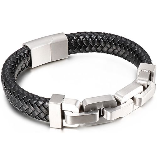 **COI Titanium Gold Tone/Silver Black Genuine Leather Bracelet With Steel Clasp(Length: 8.46 inches)-9916