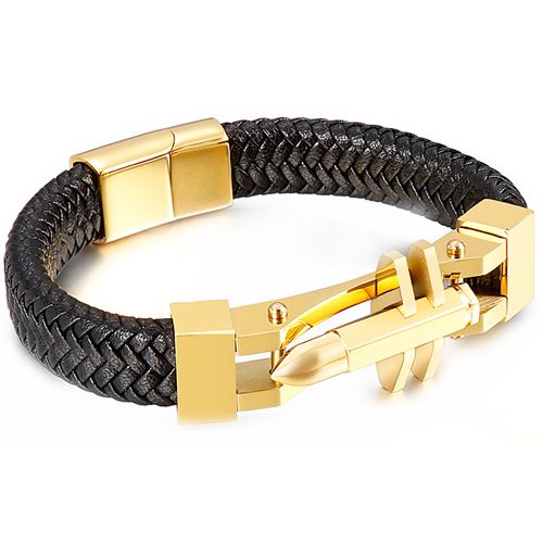 **COI Titanium Gold Tone/Silver Cross Black Genuine Leather Bracelet With Steel Clasp(Length: 8.27 inches)-9923