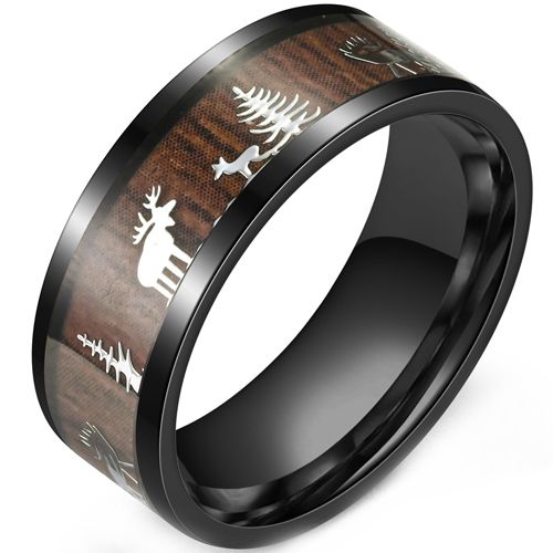 **COI Black Titanium Deer & Tree Ring With Wood-9967