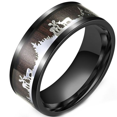 **COI Black Titanium Deer & Tree Ring With Wood-9968
