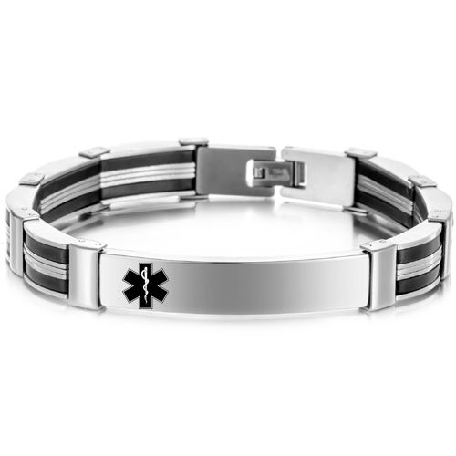 **COI Titanium Black Silver Medical Alert Bracelet With Steel Clasp(Length: 8.86 inches)-9971