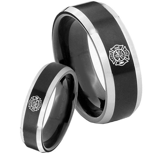 *COI Tungsten Carbide Black Silver Firefighter Ring - 4667