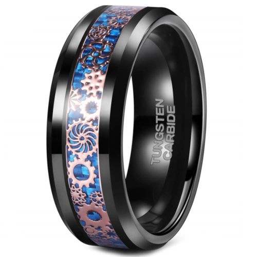 *COI Black Tungsten Carbide Gears Beveled Edges Ring With Blue Carbon Fiber-5500