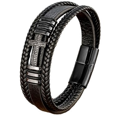 ***COI Titanium Black/Silver/Gold Tone Cross Cubic Zirconia Genuine Leather Bracelet With Steel Clasp(Length: 8.27 inches)-00004