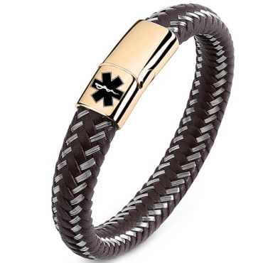 ***COI Titanium Black/Gold Tone Medical Alert Genuine Leather Bracelet With Steel Clasp(Length: 7.87 inches)-00006