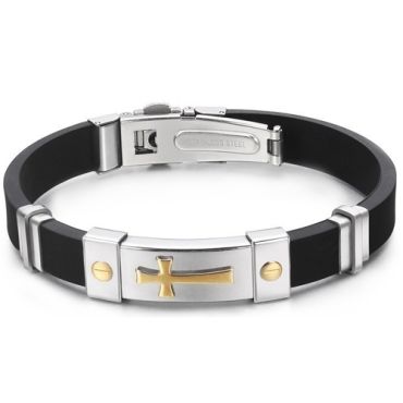 ***COI Titanium Silver/Gold Tone Silver Cross Rubber Bracelet With Steel Clasp(Length: 8.27 inches)-00021A