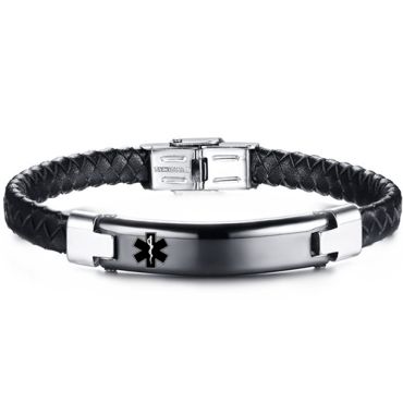 ***COI Titanium Black Silver Medical Alert Genuine Leather Bracelet With Steel Clasp(Length: 8.46 inches)-00027A