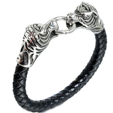 ***COI Titanium Tiger Head Genuine Leather Bracelet With Steel Clasp(Length: 8.27 inches)-00099A