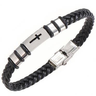 ***COI Titanium Cross Genuine Leather Bracelet With Steel Clasp(Length: 8.27 inches) -00149A