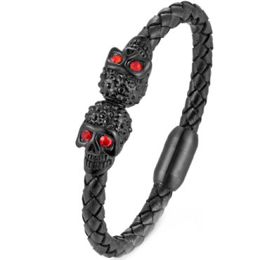 ***COI Titanium Black/White Skull Created Red Ruby Genuine Leather Bracelet With Steel Clasp(Length: 9.06 inches) -00161A