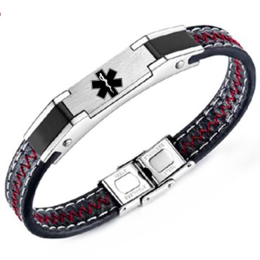 ***COI Titanium Black Silver Medical Alert Genuine Leather Bracelet With Steel Clasp(Length: 8.66 inches)-00209A