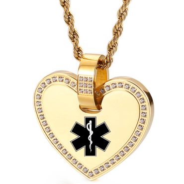 ***COI Titanium Gold Tone/Silver Medical Alert Heart Pendant With Cubic Zirconia-00486A