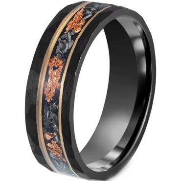 ***COI Tungsten Carbide Black Gold Tone Double Grooves Ring With Gold Foil & Meteorite-00520A