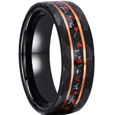 ***COI Tungsten Carbide Black Rose Double Grooves Faceted Ring With Created Red Ruby & Meteorite-00575A