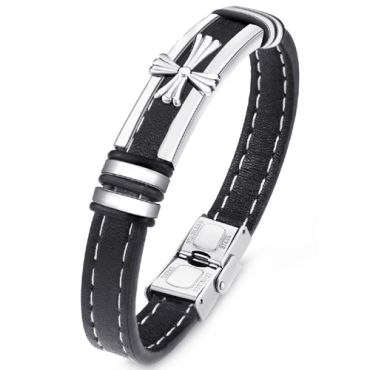 ***COI Titanium Cross Genuine Leather Bracelet With Steel Clasp(Length: 8.27 inches)-00587A