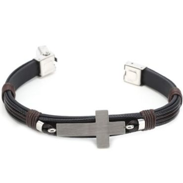 ***COI Titanium Cross Genuine Leather Bracelet With Steel Clasp(Length: 8.27 inches)-00616A