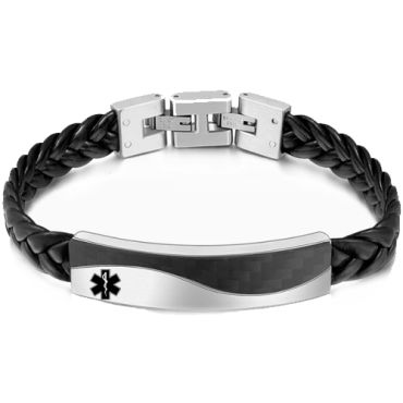 ***COI Titanium Medical Alert Carbon Fiber Genuine Leather Bracelet With Steel Clasp(Length: 8.27 inches)-00636A