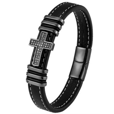 **COI Titanium Black/Gold Tone/Silver Cross Genuine Leather Bracelet With Steel Clasp(Length: 8.27 inches)-00663A