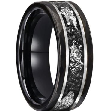***COI Tungsten Carbide Black Silver Double Grooves Faceted Silver Foil Ring With Meteorite-00786A
