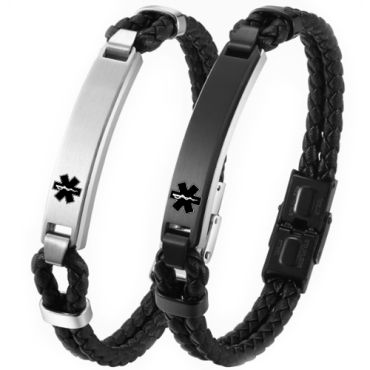 ***COI Titanium Black/Silver Medical Alert Genuine Leather Bracelet With Steel Clasp(Length: 8.27 inches)-00836A