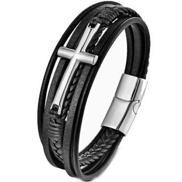***COI Titanium Cross Genuine Leather Bracelet With Steel Clasp(Length: 9.06 inches)-00837A