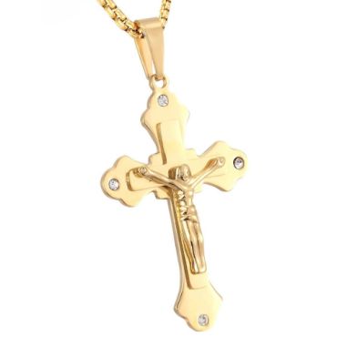 ***COI Titanium Gold Tone Silver Cross Jesus Pendant-00883A