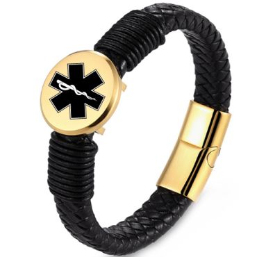 ***COI Titanium Black/Gold Tone/Rose/Silver Medical Alert Genuine Leather Bracelet With Steel Clasp(Length: 8.27 inches)-00884S