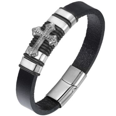 ***COI Titanium Silver/Gold Tone Cross Genuine Leather Bracelet With Steel Clasp(Length: 8.27 inches)-00915AA