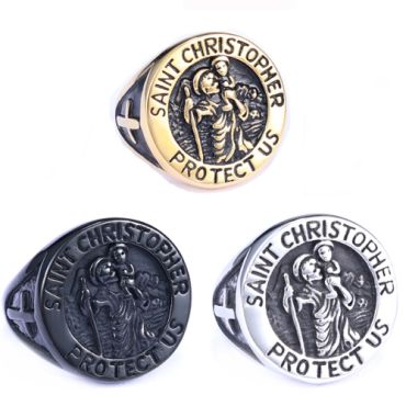 ***COI Titanium Black/Gold Tone/Silver Saint Christopher Protect Us Ring-00957A