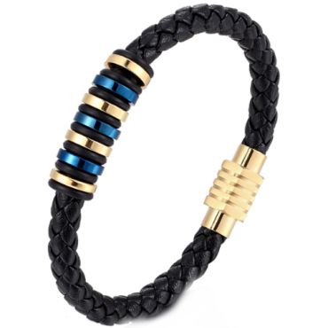***COI Titanium Black Blue Gold Tone Genuine Leather Bracelet With Steel Clasp(Length: 9.06 inches)-00974A