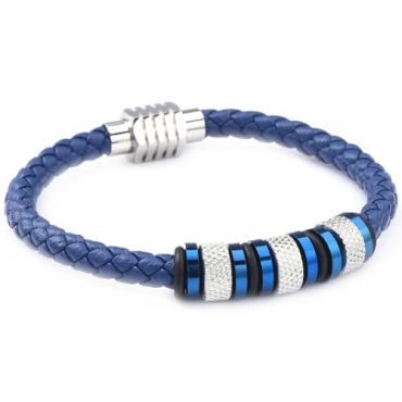 ***COI Titanium Blue Silver Genuine Leather Bracelet With Steel Clasp(Length: 8.27 inches)-00975A