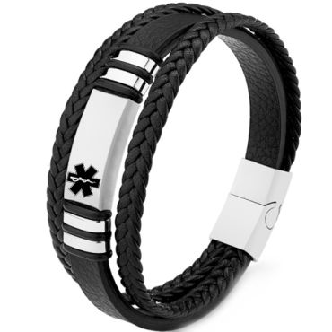 ***COI Titanium Black Silver Medical Alert Genuine Leather Bracelet With Steel Clasp(Length: 9.06 inches)-01034A