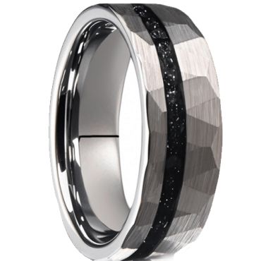 ***COI Tungsten Carbide Faceted Ring With Meteorite-01073A
