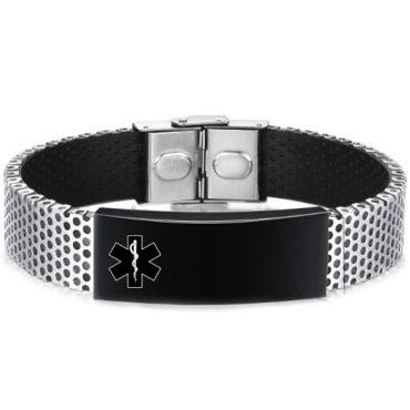 ***COI Titanium Black Silver Medical Alert Genuine Leather Bracelet With Steel Clasp(Length: 8.07 inches)-01096A