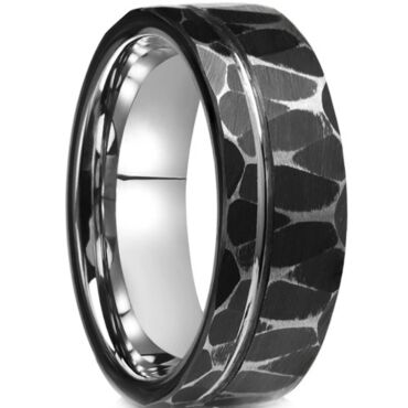 ***COI Tungsten Carbide Black Silver Offset Groove Hammered Ring-01191A