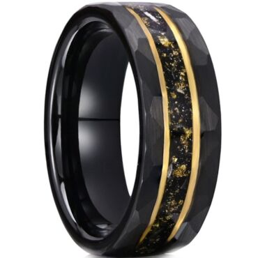 ***COI Tungsten Carbide Black Gold Tone Double Grooves Meteorite & Gold Foil Ring-01204A