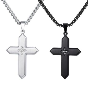 ***COI Titanium Black/Silver Cross Pendant With Cubic Zirconia-01244A