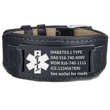 ***COI Titanium Black/Silver Medical Alert Genuine Leather Custom Engraving Bracelet With Steel Clasp(Length: 8.27 inches)-01265A