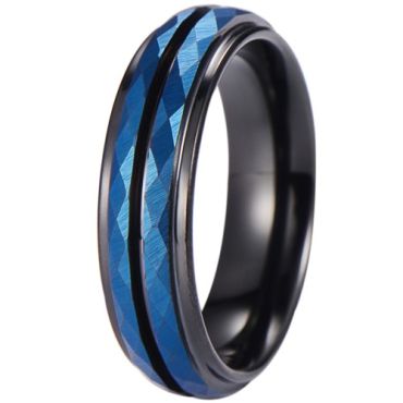 ***COI Tungsten Carbide Black Blue Center Groove Faceted Ring-01290A