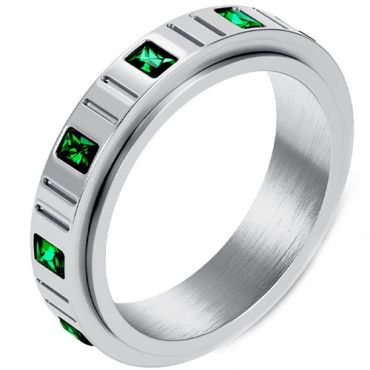 ***COI Titanium Gold Tone/Silver Grooves Ring With Created Green Emerald-01308A
