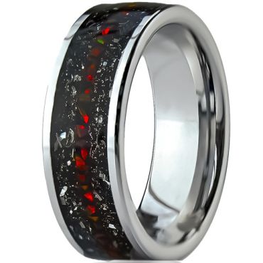 ***COI Tungsten Carbide Ring With Meteorite & Created Red Ruby-01316A