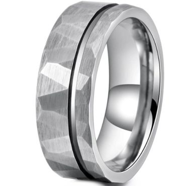 ***COI Tungsten Carbide Offset Groove Faceted Ring-01326A