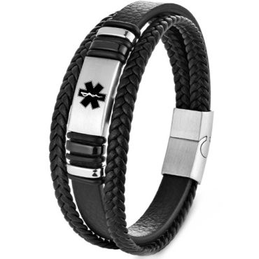 ***COI Titanium Medical Alert Genuine Leather Bracelet With Steel Clasp(Length: 9.06 inches)-01340A
