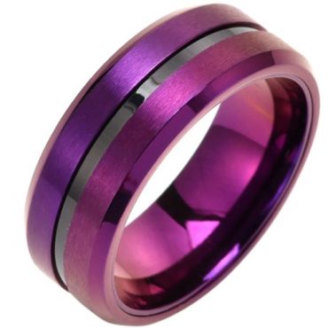***COI Titanium Black Purple Center Groove Beveled Edges Ring-01342A