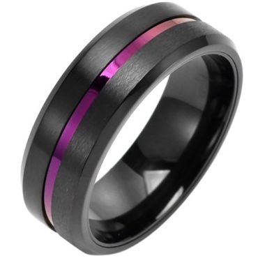 ***COI Titanium Black Purple Center Groove Beveled Edges Ring-01343A