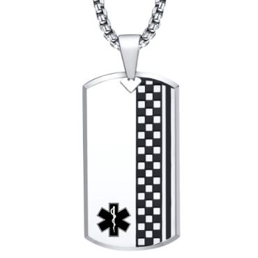 ***COI Titanium Black Silver Checkered Flag Medical Alert Pendant-01350A