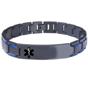 ***COI Titanium Black Blue Medical Alert Bracelet With Steel Clasp(Length: 8.46 inches)-01361A