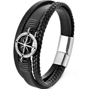 ***COI Titanium Compass Genuine Leather Bracelet With Steel Clasp(Length: 8.27 inches)-01371A