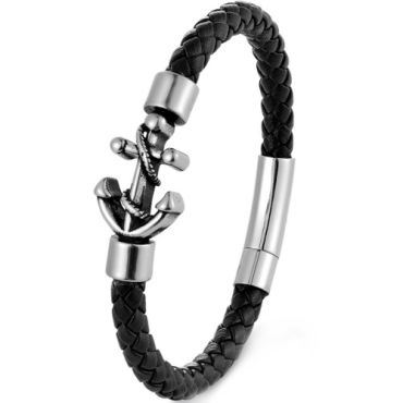 ***COI Titanium Black Silver Anchor Genuine Leather Bracelet With Steel Clasp(Length: 8.27 inches)-01376A